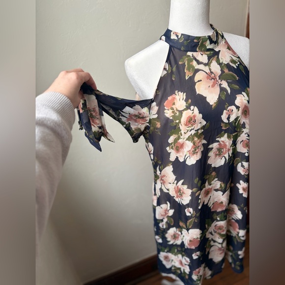 Maurices Floral Cold Shoulder Halter Dress Navy/Pink Tie Sleeve Size M - Picture 4 of 13